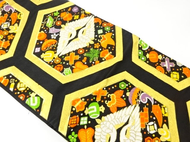 JAPANESE KIMONO / FUKURO OBI / FACING CRANES / TREASURE MOTIF WEAVE